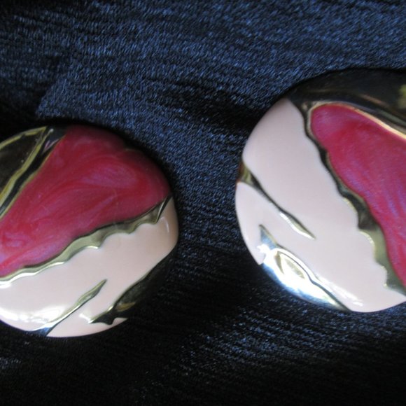 Vintage 80's Earrings Pink enamel Round abstract Earrings - Picture 5 of 5